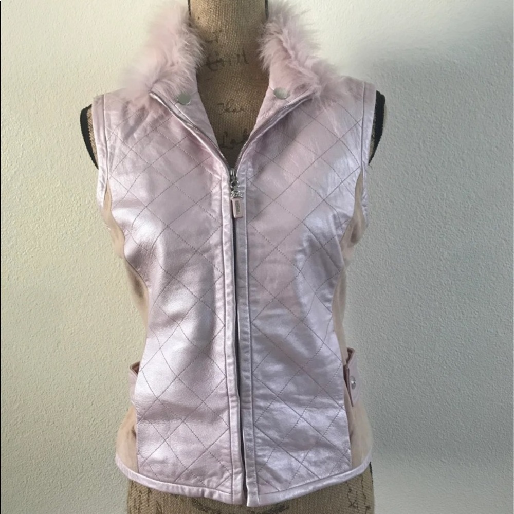 St. John pink leather vest with teal fur trim collar